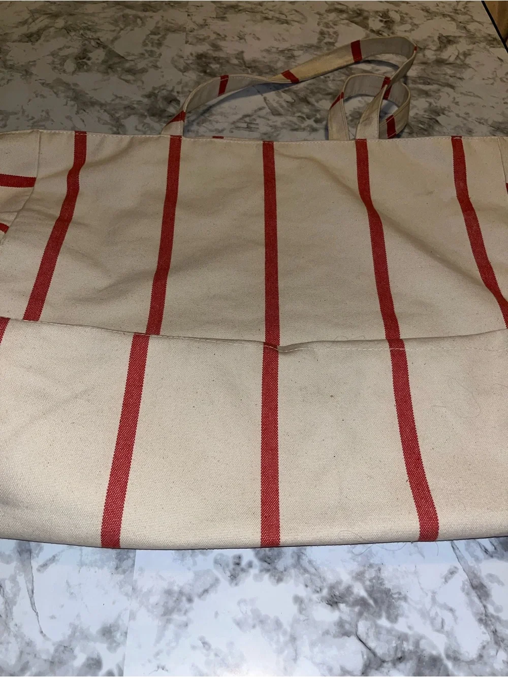 Large Hearth & Hand Cancas Cream Tote with Red Stripes and Turquoise Monogram